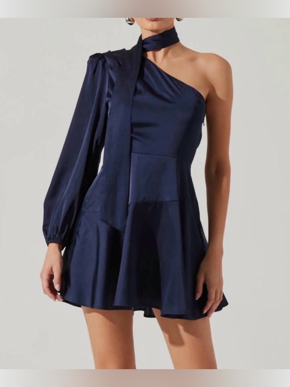 ASTR The Label Midnight Satin One Shoulder Tie Neck Mini Dress L NWT